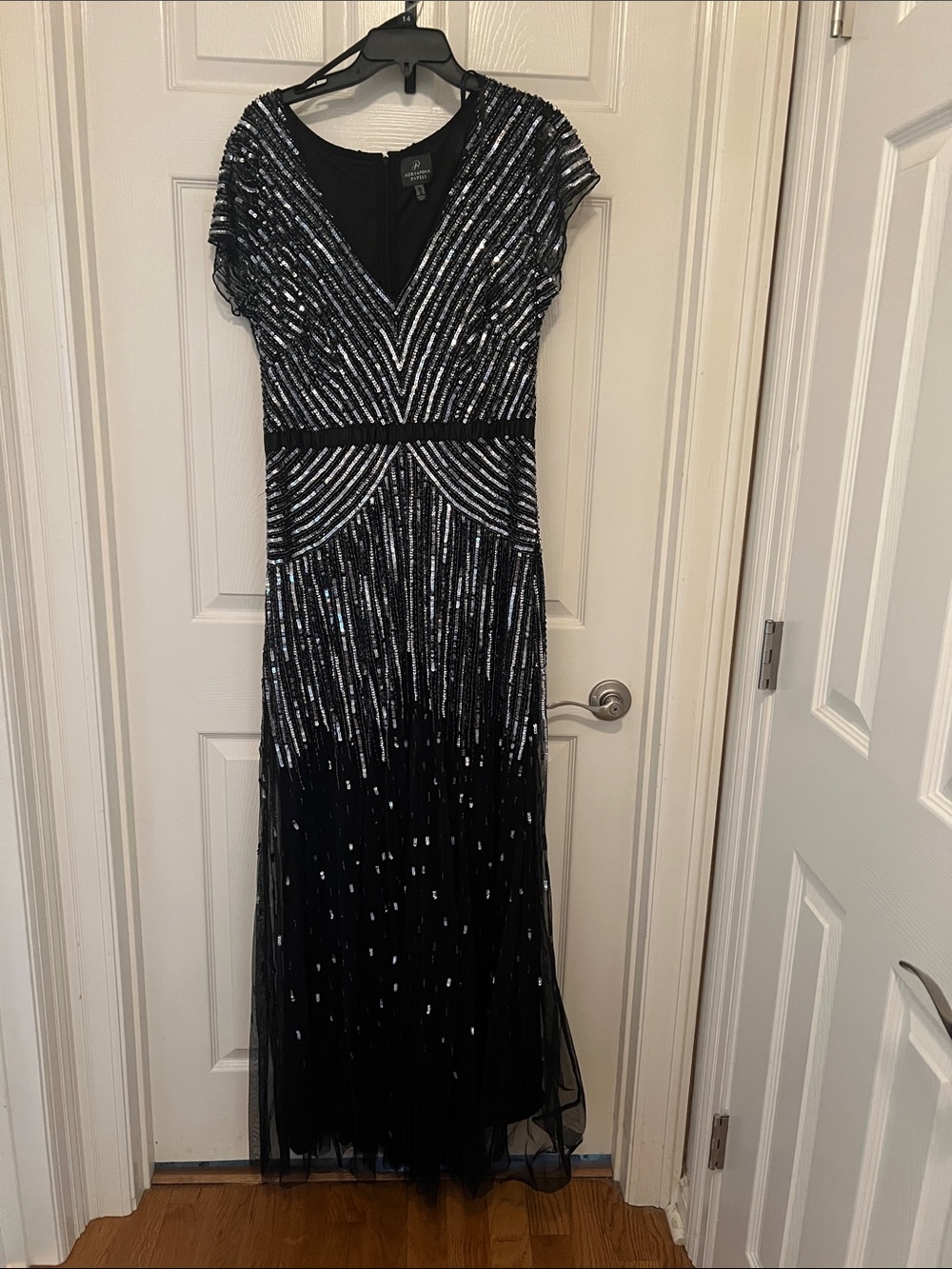 Adrianna Papell Black and Silver Sequin V-Neck Maxi Dress
